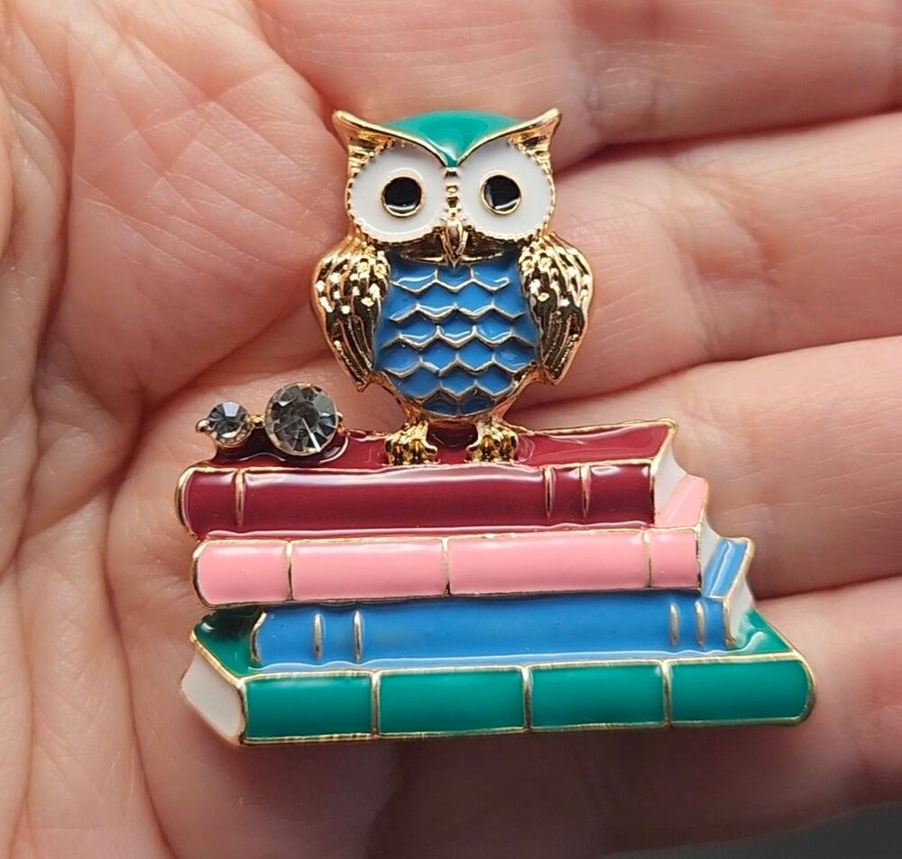 Wise Owl Brooch Sitting on Pile of Books Enamel Rhinestone Colorful Teacher Gift